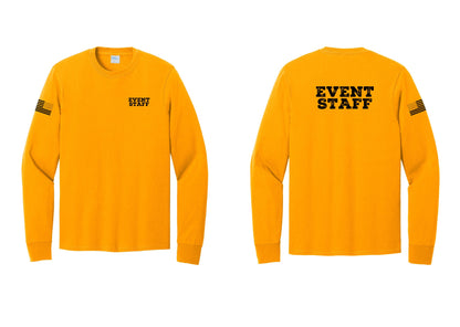 NYC Factory Event Staff Cotton Long Sleeve T-Shirt (Rustic) - Chest + Back + US Flag Sleeve - Gold