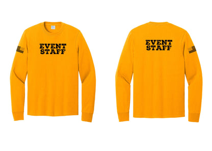 NYC Factory Event Staff Cotton Long Sleeve T-Shirt (Rustic) - Front + Back + US Flag Sleeve - Gold