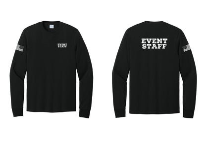 NYC Factory Event Staff Cotton Long Sleeve T-Shirt (Rustic) - Chest + Back + US Flag Sleeve - Black