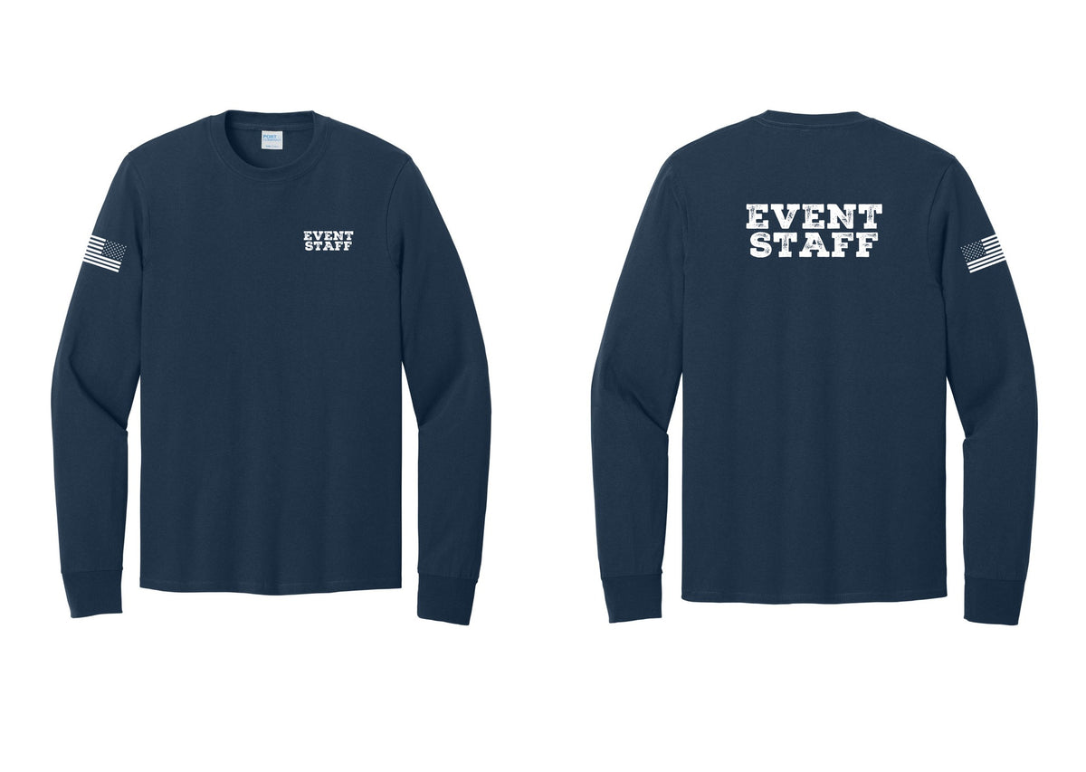NYC Factory Event Staff Cotton Long Sleeve T-Shirt (Rustic) - Chest + Back + US Flag Sleeve - Navy