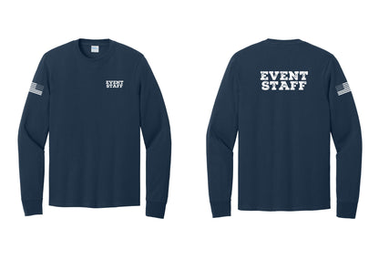 NYC Factory Event Staff Cotton Long Sleeve T-Shirt (Rustic) - Chest + Back + US Flag Sleeve - Navy