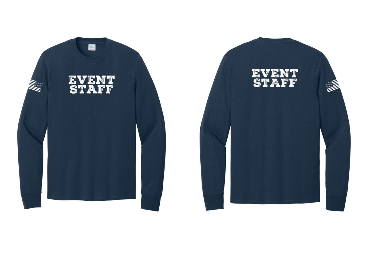 NYC Factory Event Staff Cotton Long Sleeve T-Shirt (Rustic) - Front + Back + US Flag Sleeve - Navy