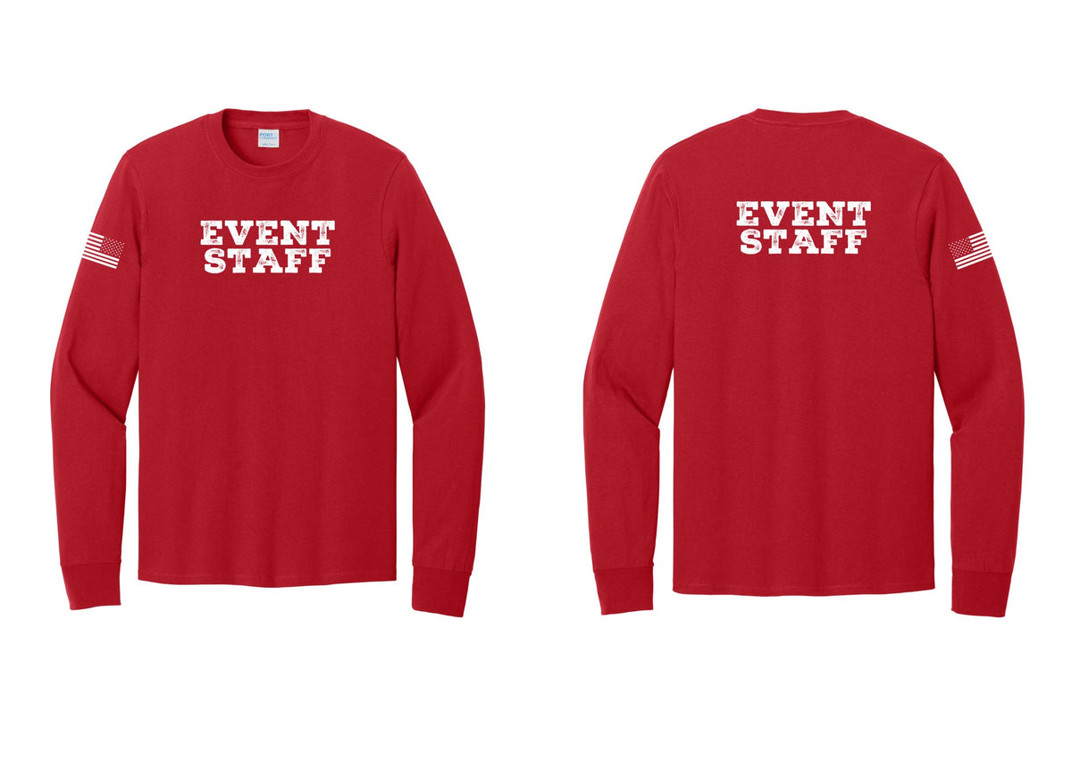 NYC Factory Event Staff Cotton Long Sleeve T-Shirt (Rustic) - Front + Back + US Flag Sleeve - Red