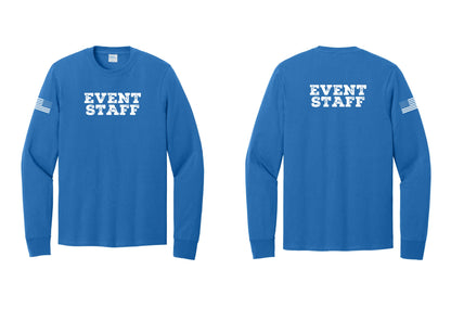 NYC Factory Event Staff Cotton Long Sleeve T-Shirt (Rustic) - Front + Back + US Flag Sleeve - Royal