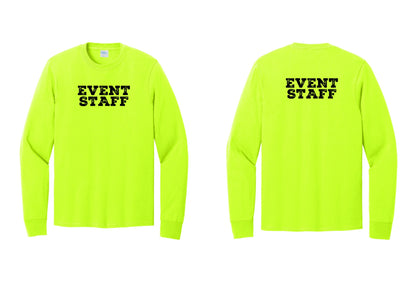 NYC Factory Event Staff Cotton Long Sleeve T-Shirt (Rustic) - Front + Back - Safety Green