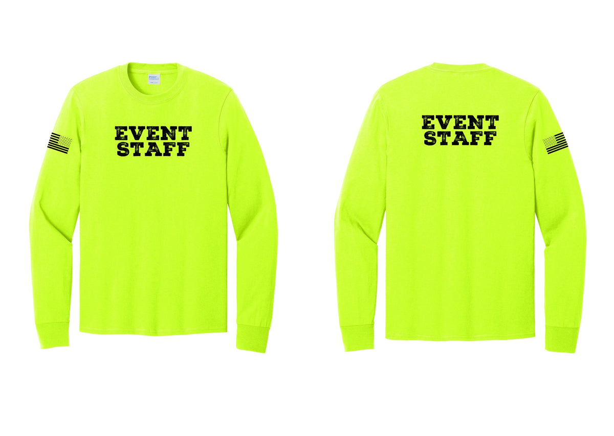 NYC Factory Event Staff Cotton Long Sleeve T-Shirt (Rustic) - Front + Back + US Flag Sleeve - Safety Green