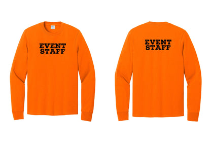 NYC Factory Event Staff Cotton Long Sleeve T-Shirt (Rustic) - Front + Back - Safety Orange