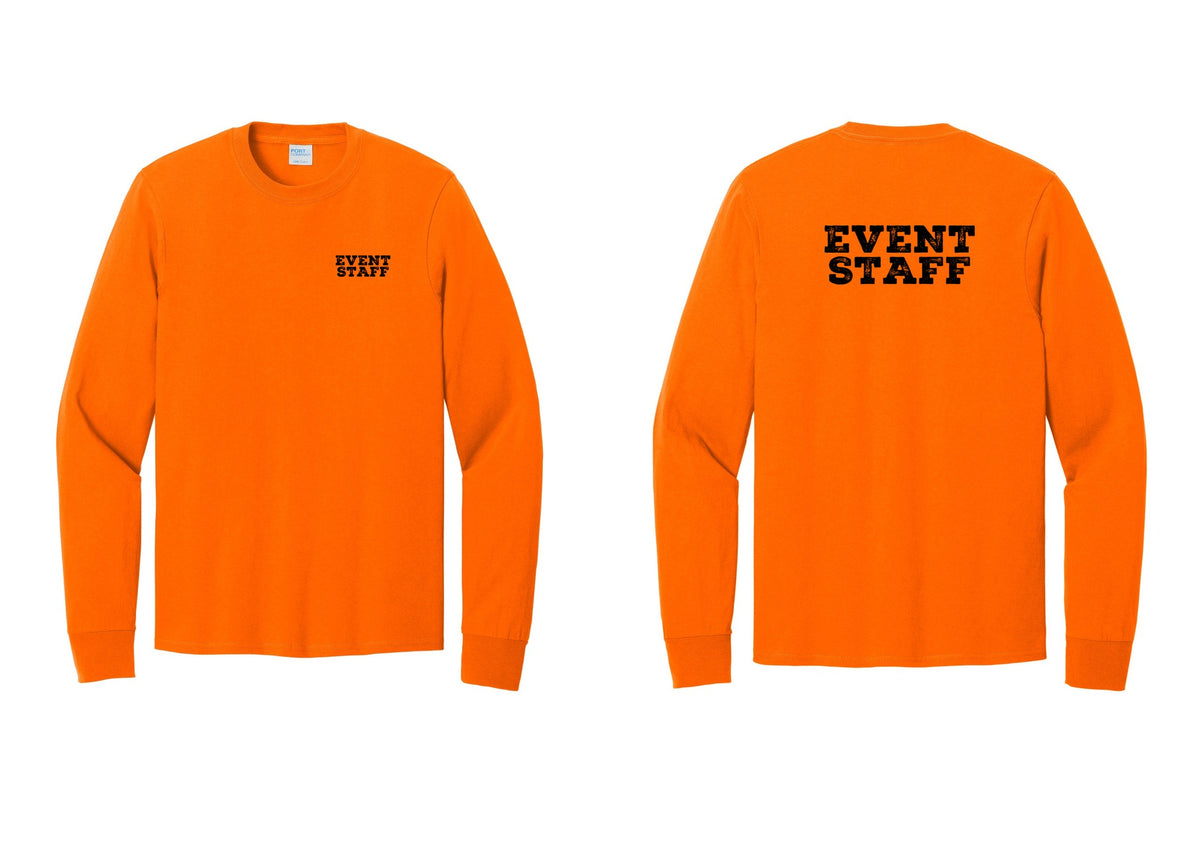NYC Factory Event Staff Cotton Long Sleeve T-Shirt (Rustic) - Chest + Back - Safety Orange