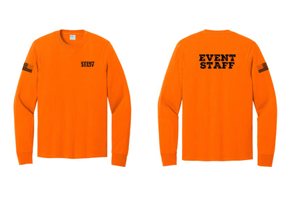 NYC Factory Event Staff Cotton Long Sleeve T-Shirt (Rustic) - Chest + Back + US Flag Sleeve - Safety Orange