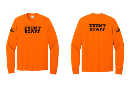 NYC Factory Event Staff Cotton Long Sleeve T-Shirt (Rustic) - Front + Back + US Flag Sleeve - Safety Orange