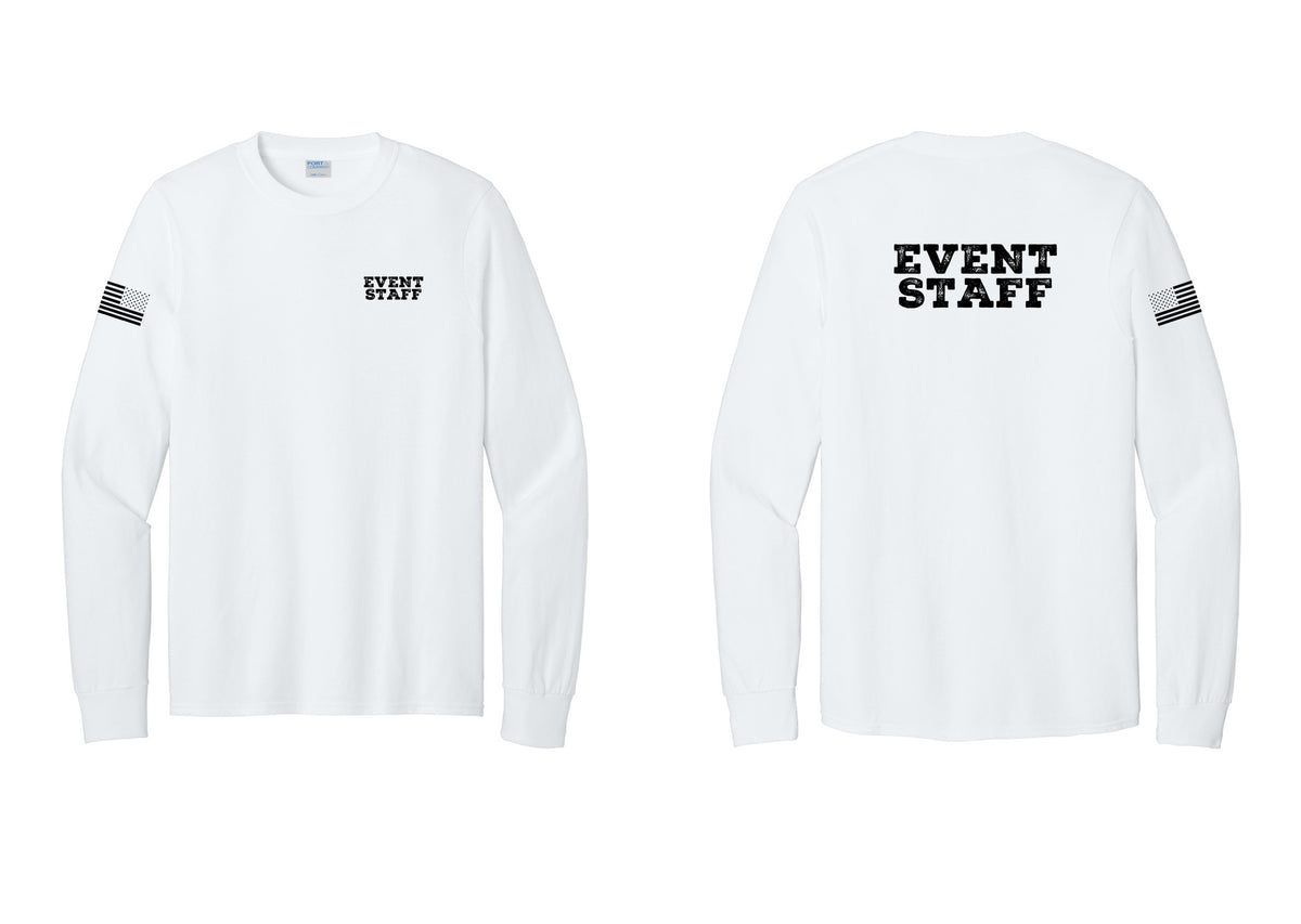 NYC Factory Event Staff Cotton Long Sleeve T-Shirt (Rustic) - Chest + Back + US Flag Sleeve - White