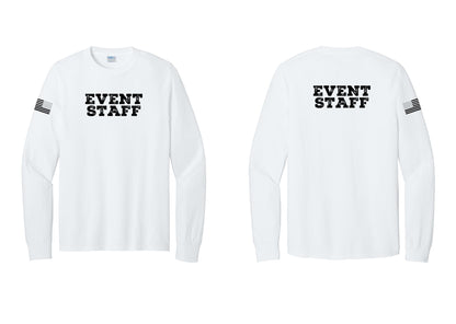 NYC Factory Event Staff Cotton Long Sleeve T-Shirt (Rustic) - Front + Back + US Flag Sleeve - White