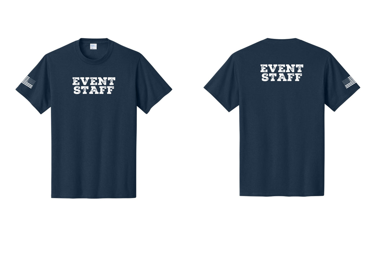 NYC Factory Event Staff T-Shirt - Front + Back + US Flag Sleeve - Navy