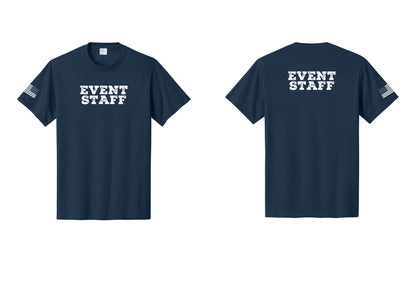 NYC Factory Event Staff T-Shirt - Front + Back + US Flag Sleeve - Navy