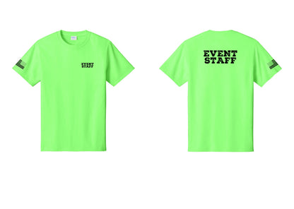 NYC Factory Event Staff T-Shirt - Chest + Back + US Flag Sleeve - Neon Green
