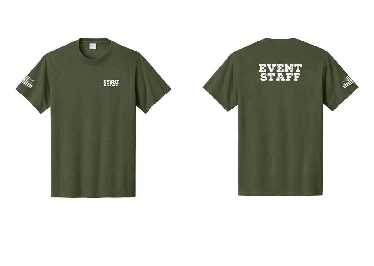 NYC Factory Event Staff T-Shirt - Chest + Back + US Flag Sleeve - Olive