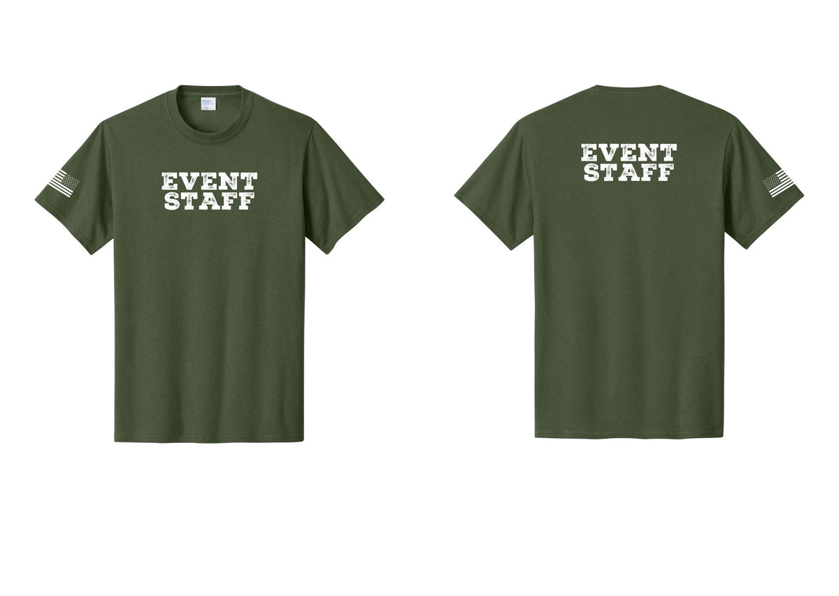 NYC Factory Event Staff T-Shirt - Front + Back + US Flag Sleeve - Olive
