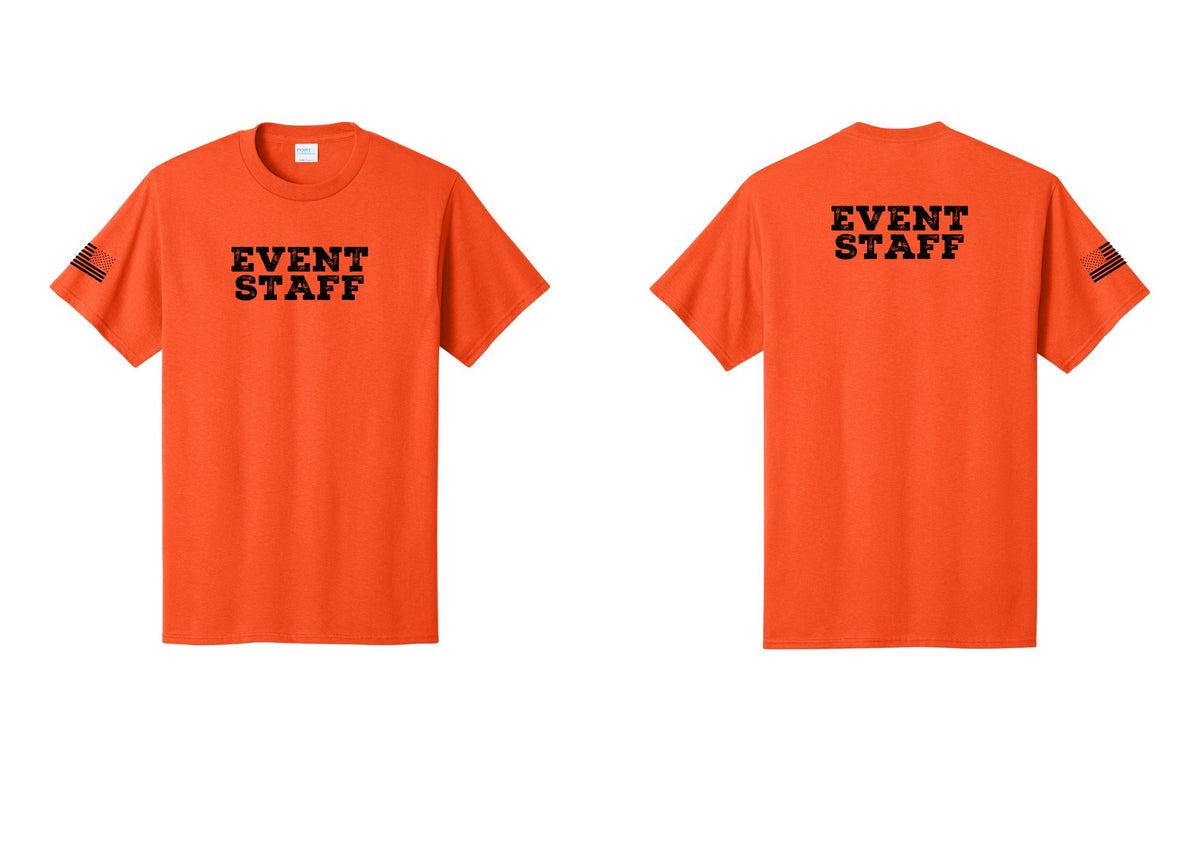 NYC Factory Event Staff T-Shirt - Front + Back + US Flag Sleeve - Orange