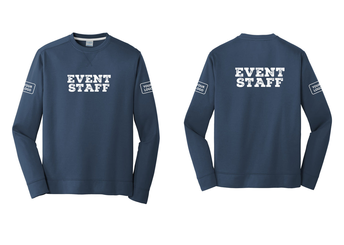 NYC Factory Custom Logo Event Staff Performance Fleece Crewneck Sweatshirt (Rustic) - Front + Back + Your Logo Sleeves - Navy