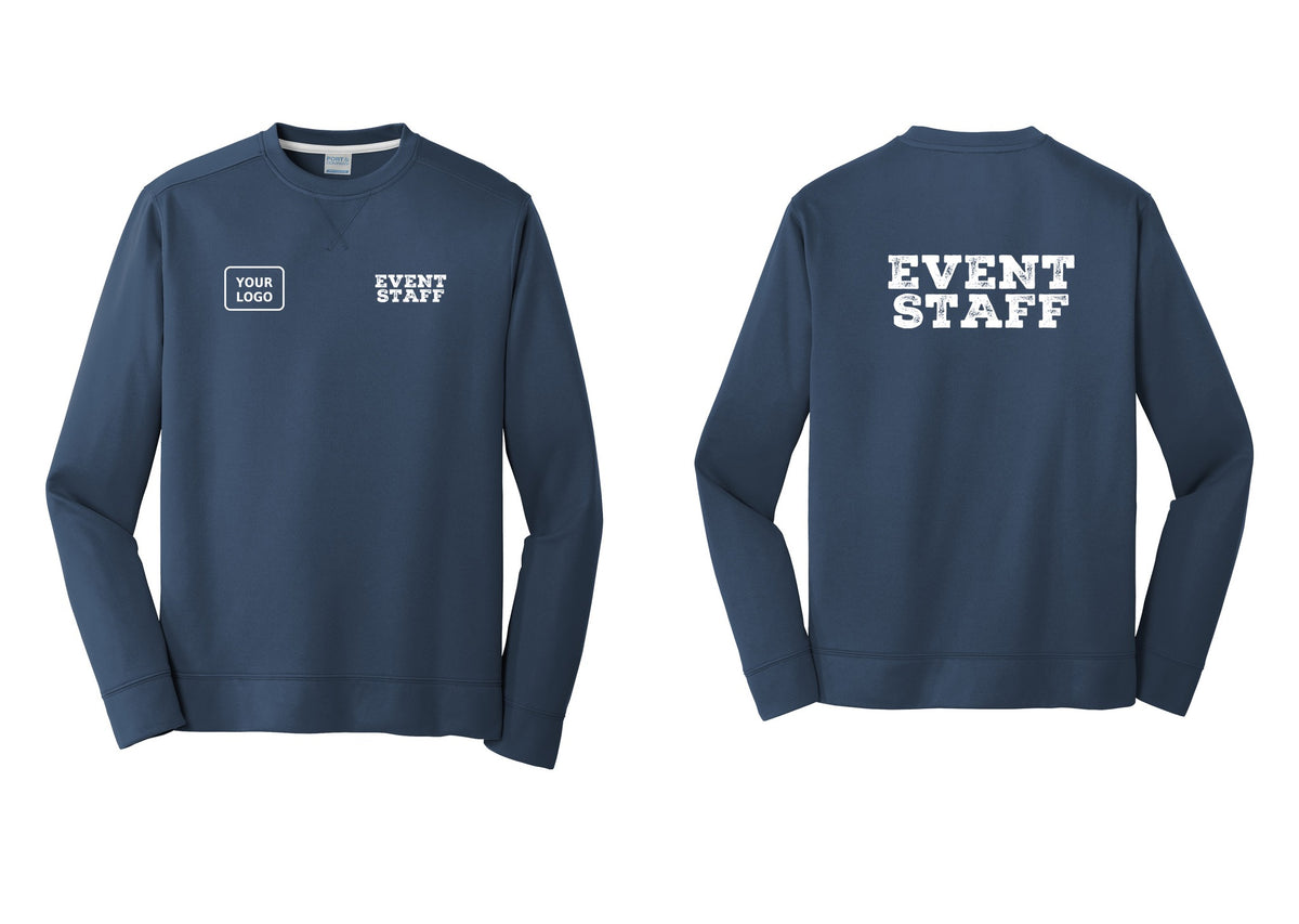 NYC Factory Custom Logo Event Staff Performance Fleece Crewneck Sweatshirt (Rustic) - EVENT STAFF + Your Logo + Back - Navy