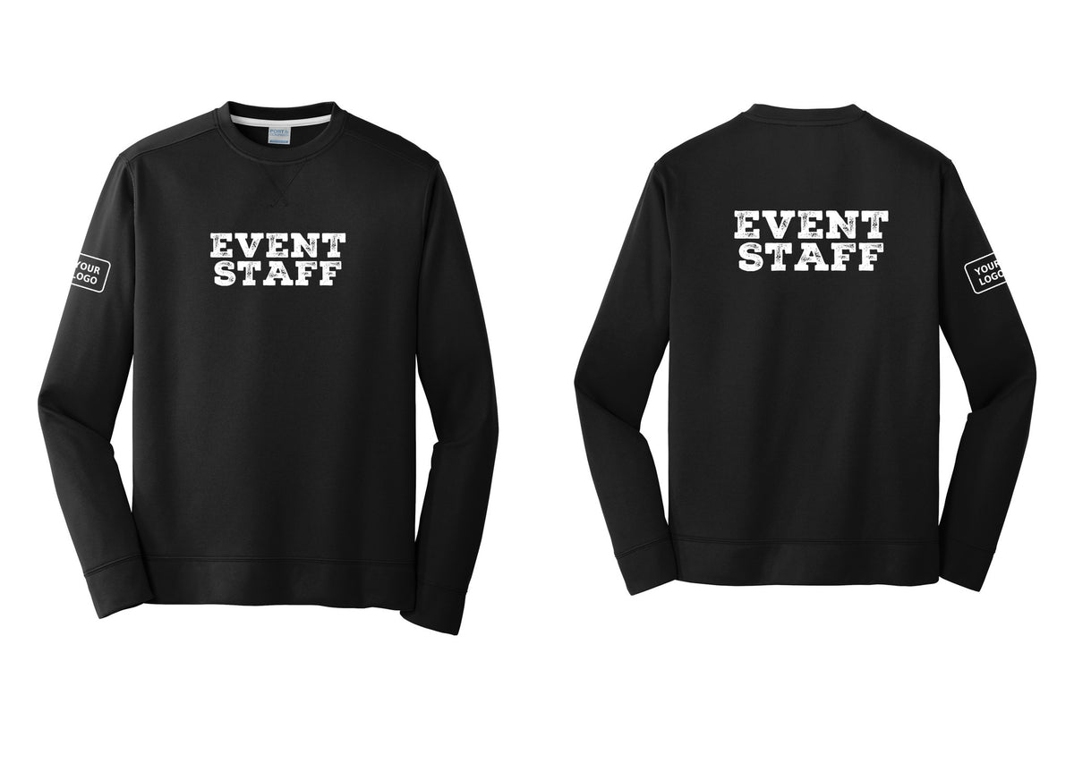 NYC Factory Custom Logo Event Staff Performance Fleece Crewneck Sweatshirt (Rustic) - Front + Back + Your Logo Sleeve - Black