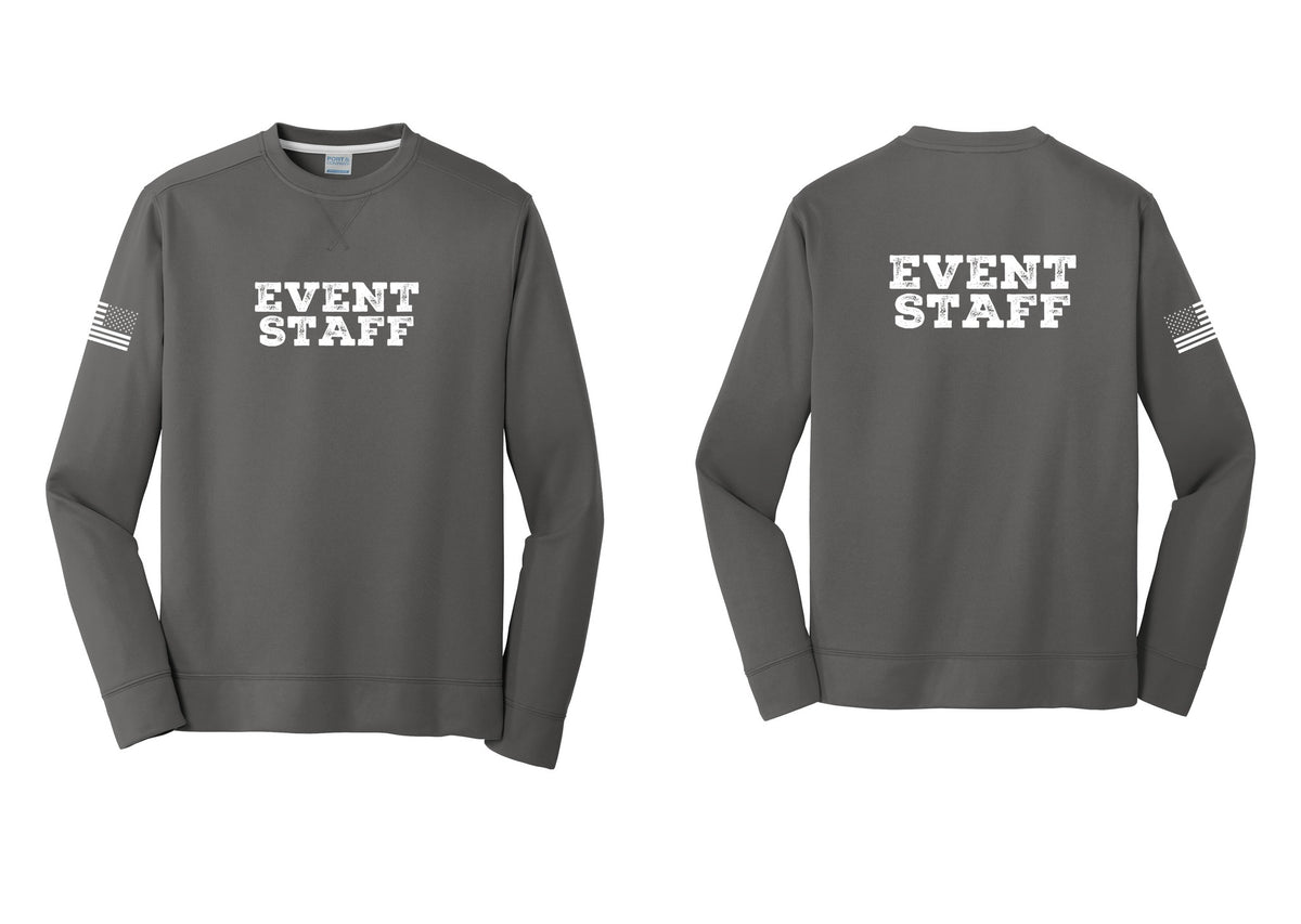 NYC Factory Event Staff Performance Fleece Crewneck Sweatshirt (Rustic) - Front + Back + US Flag Sleeve - Charcoal