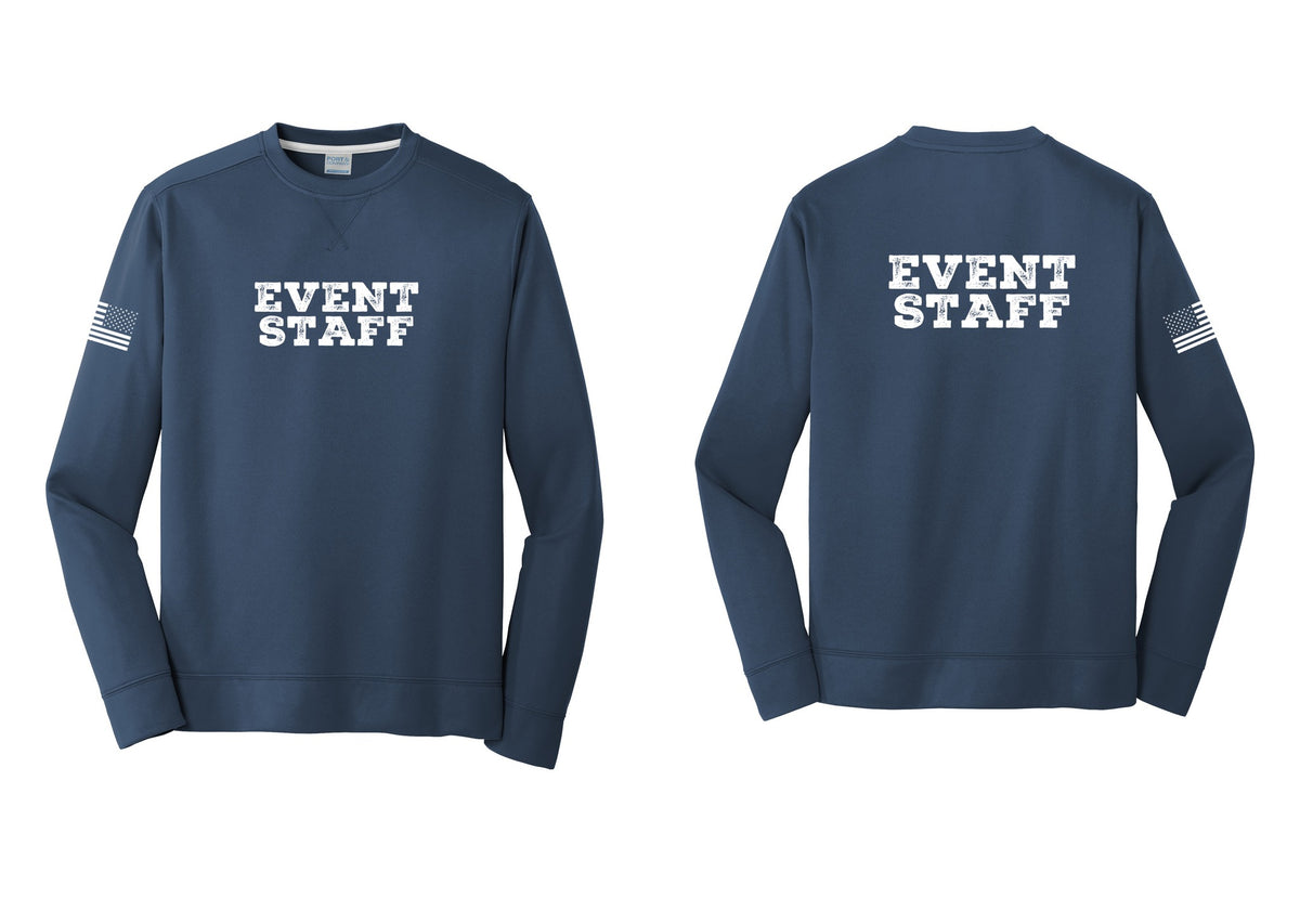 NYC Factory Event Staff Performance Fleece Crewneck Sweatshirt (Rustic) - Front + Back + US Flag Sleeve - Navy