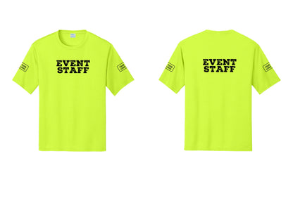 NYC Factory Custom Logo Event Staff Performance T-Shirt (Rustic) - Front + Back + Your Logo Sleeves - Neon Yellow