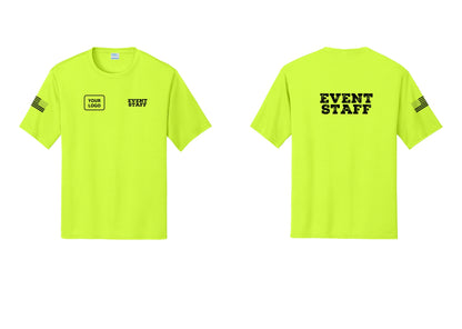 NYC Factory Custom Logo Event Staff Performance T-Shirt (Rustic) - EVENT STAFF + Your Logo + Back + US Flag Sleeve - Neon Yellow