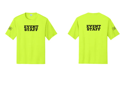 NYC Factory Custom Logo Event Staff Performance T-Shirt (Rustic) - Front + Back + Your Logo Sleeve - Neon Yellow