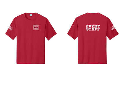NYC Factory Custom Logo Event Staff Performance T-Shirt (Rustic) - Your Logo + Back + US Flag Sleeve - Red