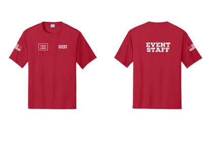 NYC Factory Custom Logo Event Staff Performance T-Shirt (Rustic) - EVENT STAFF + Your Logo + Back + US Flag Sleeve - Red