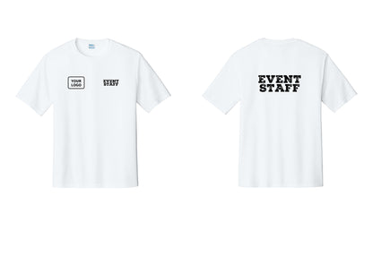 NYC Factory Custom Logo Event Staff Performance T-Shirt (Rustic) - EVENT STAFF + Your Logo + Back - White