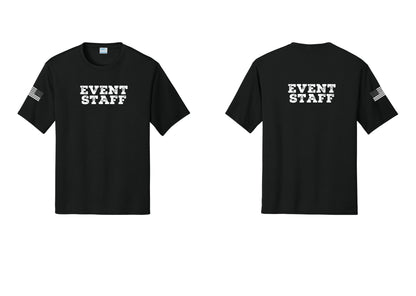 NYC Factory Event Staff Performance T-Shirt (Rustic) - Front + Back + US Flag Sleeve - Black