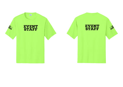 NYC Factory Event Staff Performance T-Shirt (Rustic) - Front + Back + US Flag Sleeve - Neon Green
