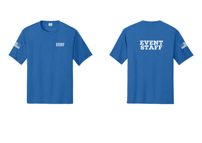 NYC Factory Event Staff Performance T-Shirt (Rustic) - Chest + Back + US Flag Sleeve - Royal