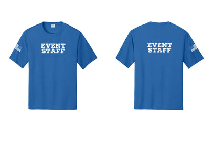 NYC Factory Event Staff Performance T-Shirt (Rustic) - Front + Back + US Flag Sleeve - Royal