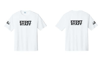 NYC Factory Event Staff Performance T-Shirt (Rustic) - Front + Back + US Flag Sleeve - White