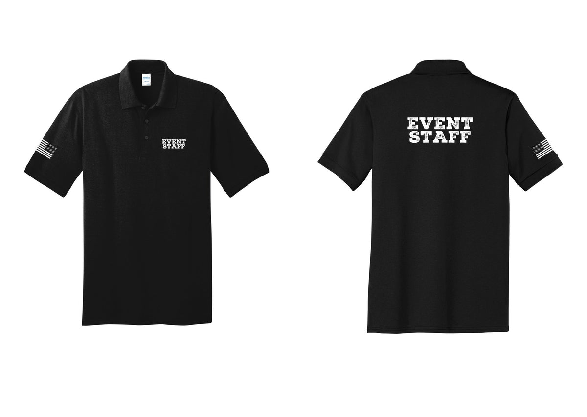 NYC Factory Event Staff Polo Shirt (Rustic) - Chest + Back + US Flag Sleeve - Black