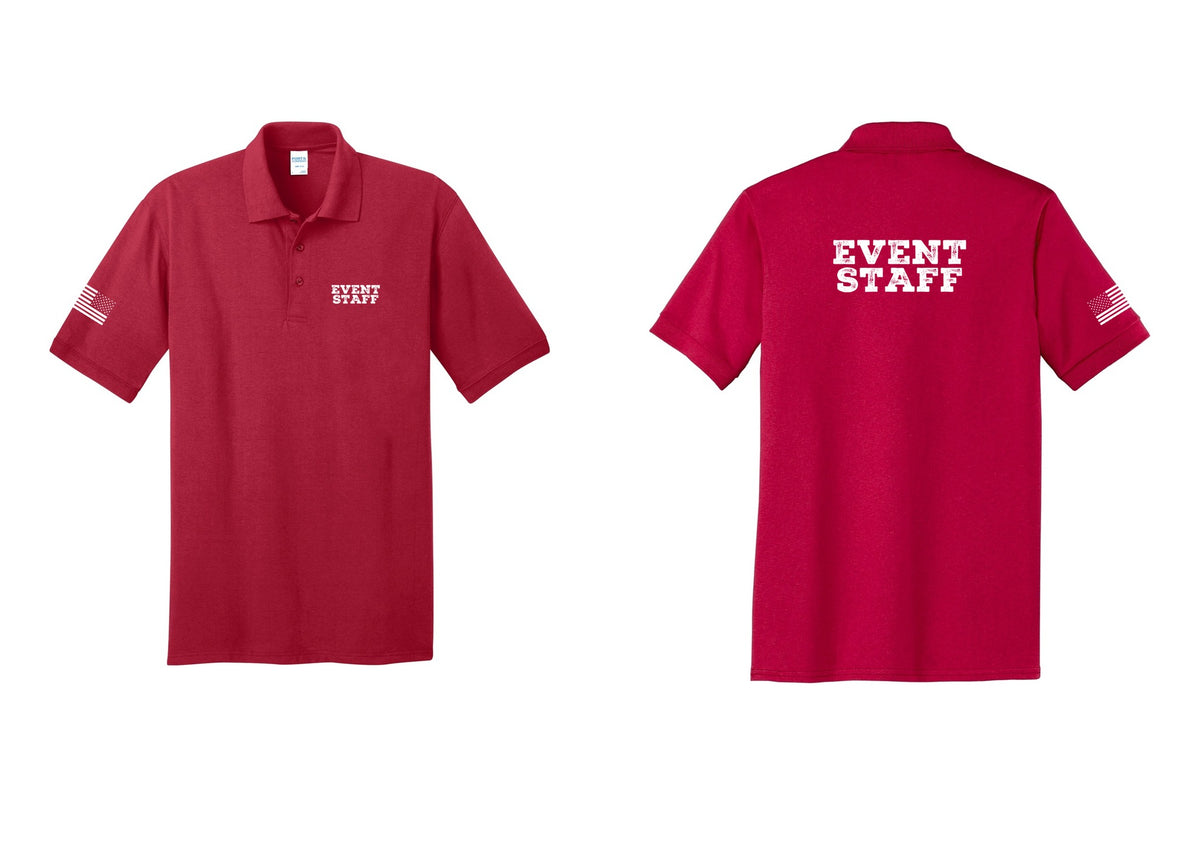 NYC Factory Event Staff Polo Shirt (Rustic) - Chest + Back + US Flag Sleeve - Red