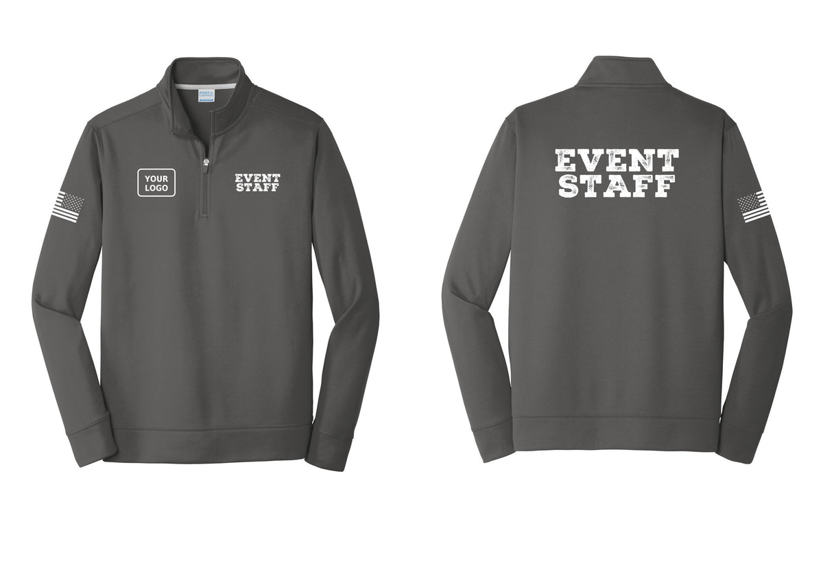 NYC Factory Custom Logo Event Staff Performance Fleece 1/4-Zip Pullover Sweatshirt (Rustic) - EVENT STAFF + Your Logo + Back + US Flag Sleeve - Charcoal