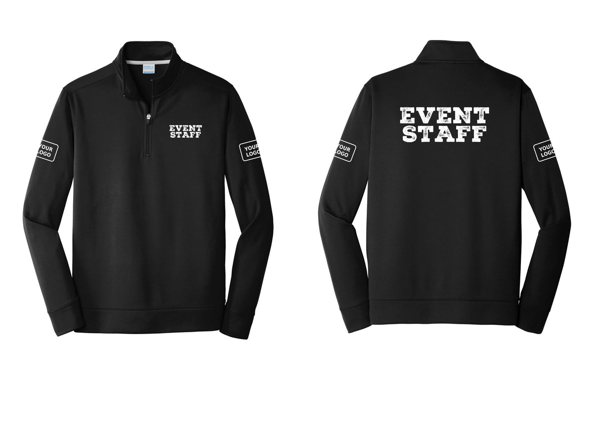 NYC Factory Custom Logo Event Staff Performance Fleece 1/4-Zip Pullover Sweatshirt (Rustic) - Chest + Back + Your Logo Sleeves - Black