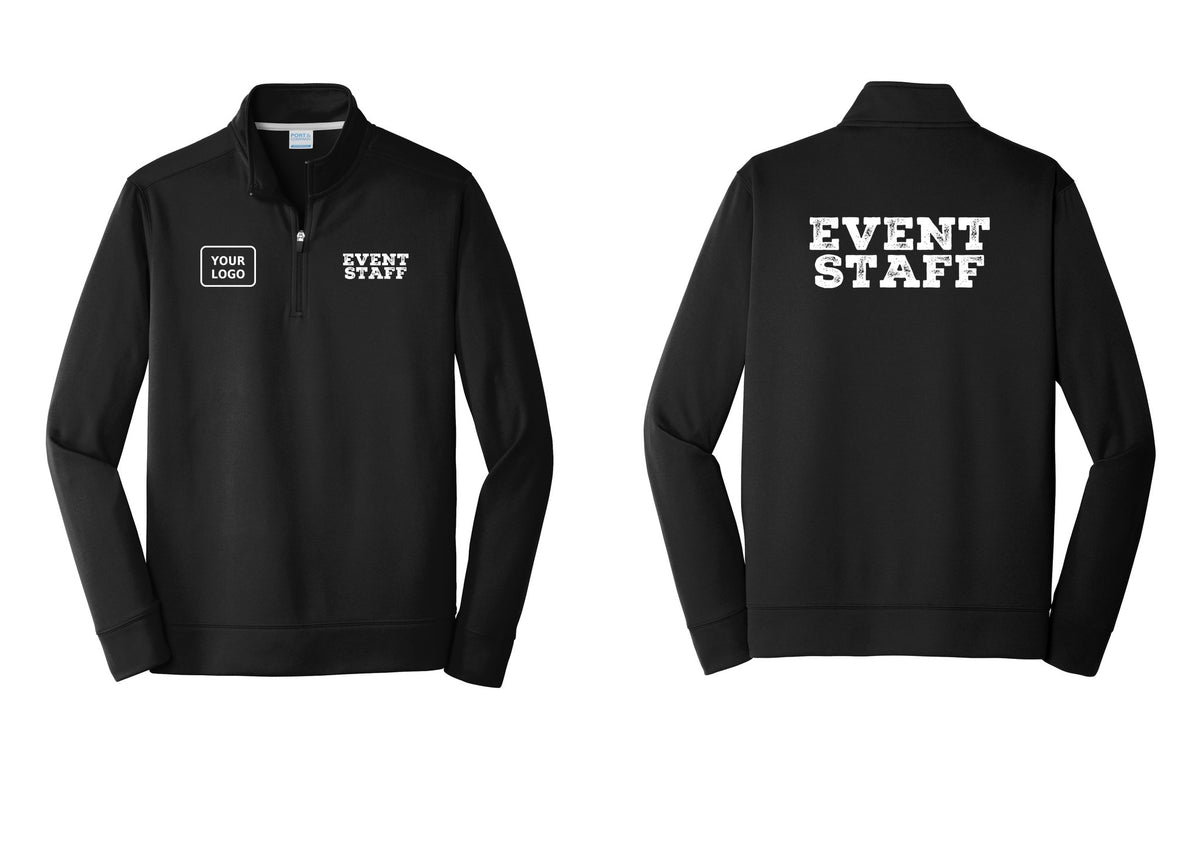 NYC Factory Custom Logo Event Staff Performance Fleece 1/4-Zip Pullover Sweatshirt (Rustic) - EVENT STAFF + Your Logo + Back - Black