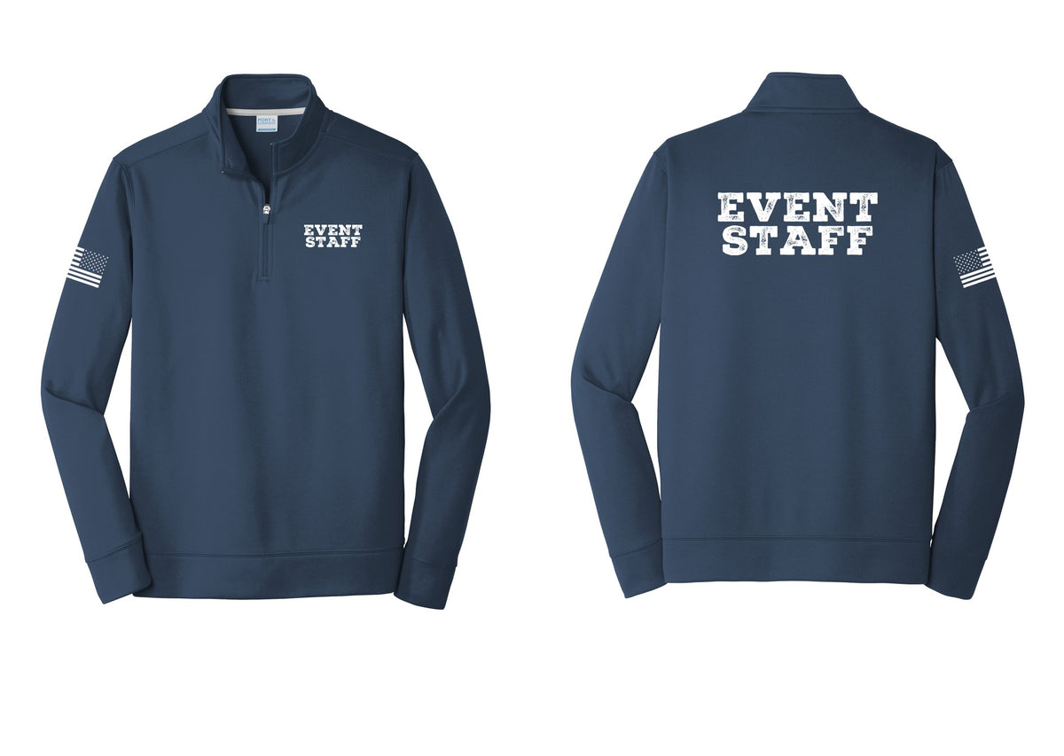 NYC Factory Event Staff Performance Fleece 1/4-Zip Pullover Sweatshirt (Rustic) - Chest + Back + US Flag Sleeve - Navy