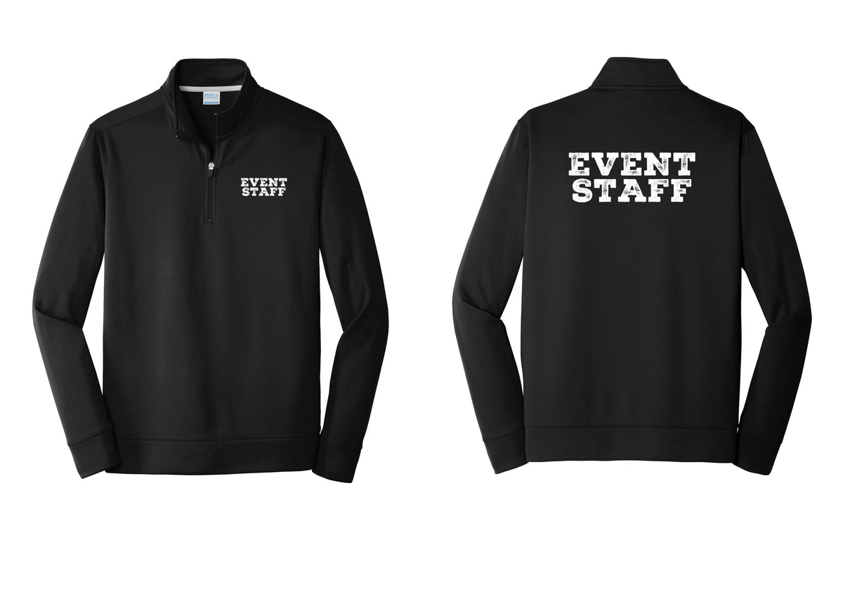 NYC Factory Event Staff Performance Fleece 1/4-Zip Pullover Sweatshirt (Rustic) - Chest + Back - Black