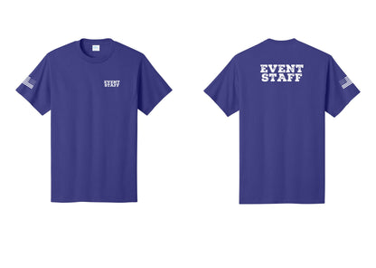 NYC Factory Event Staff T-Shirt - Chest + Back + US Flag Sleeve - Purple