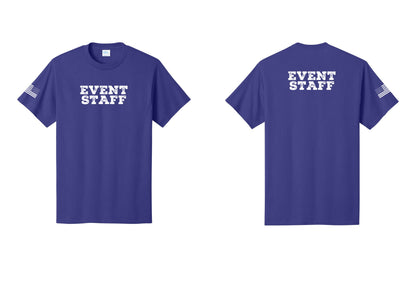 NYC Factory Event Staff T-Shirt - Front + Back + US Flag Sleeve - Purple