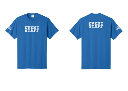 NYC Factory Event Staff T-Shirt - Front + Back + US Flag Sleeve - Royal