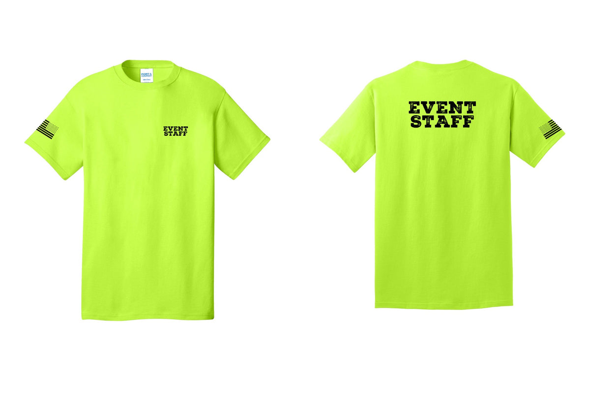 NYC Factory Event Staff T-Shirt - Chest + Back + US Flag Sleeve - Safety Green