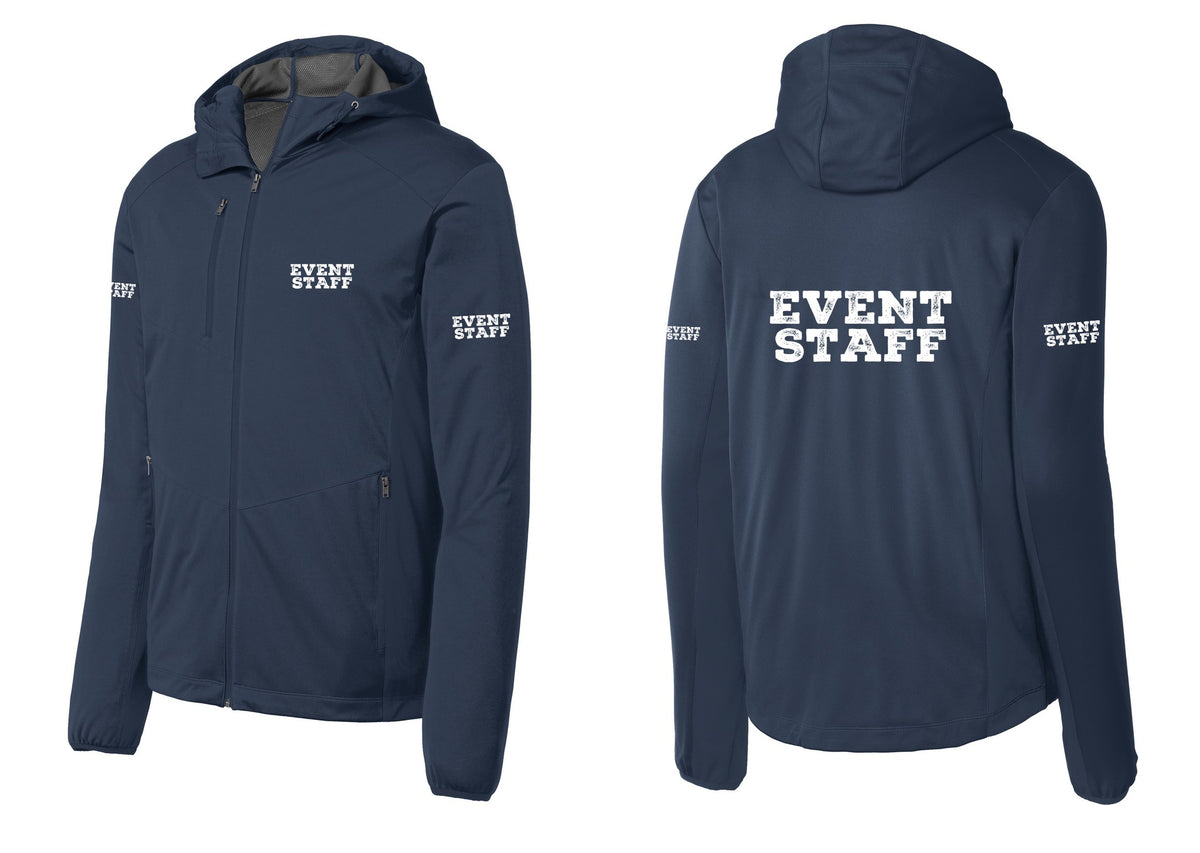 NYC Factory Event Staff Soft Shell Hooded Jacket (Rustic) - Chest + Back + Event Staff Sleeves - Dress Blue Navy